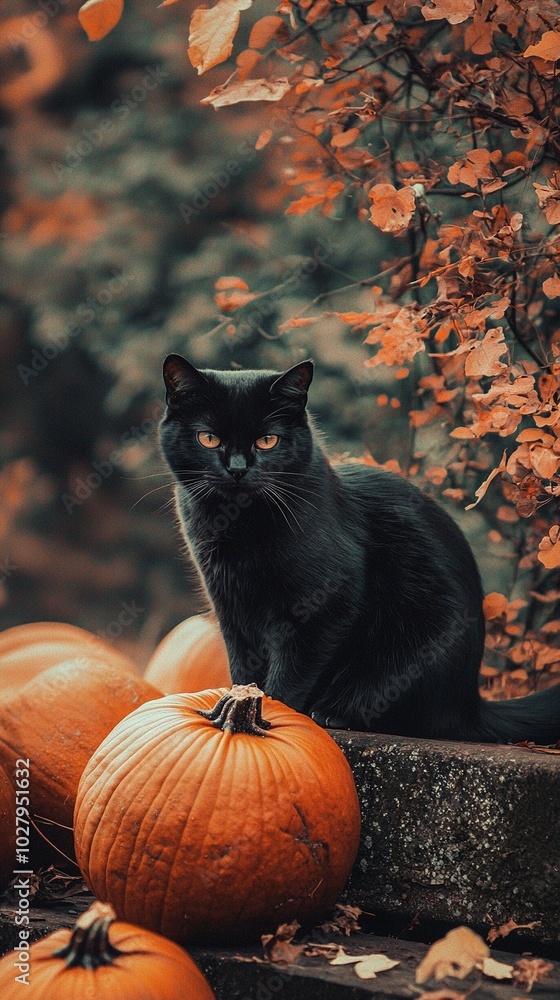 A black cat sits on pumpkin pile under an orange-leafed tree A black cat sits on pumpkin pile under an orange-leafed tree