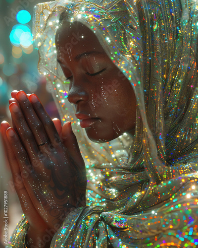 Uma linda mulher preta rezando, no estilo inspirado no afrofuturismo, com roupas bordadas de cristais photo