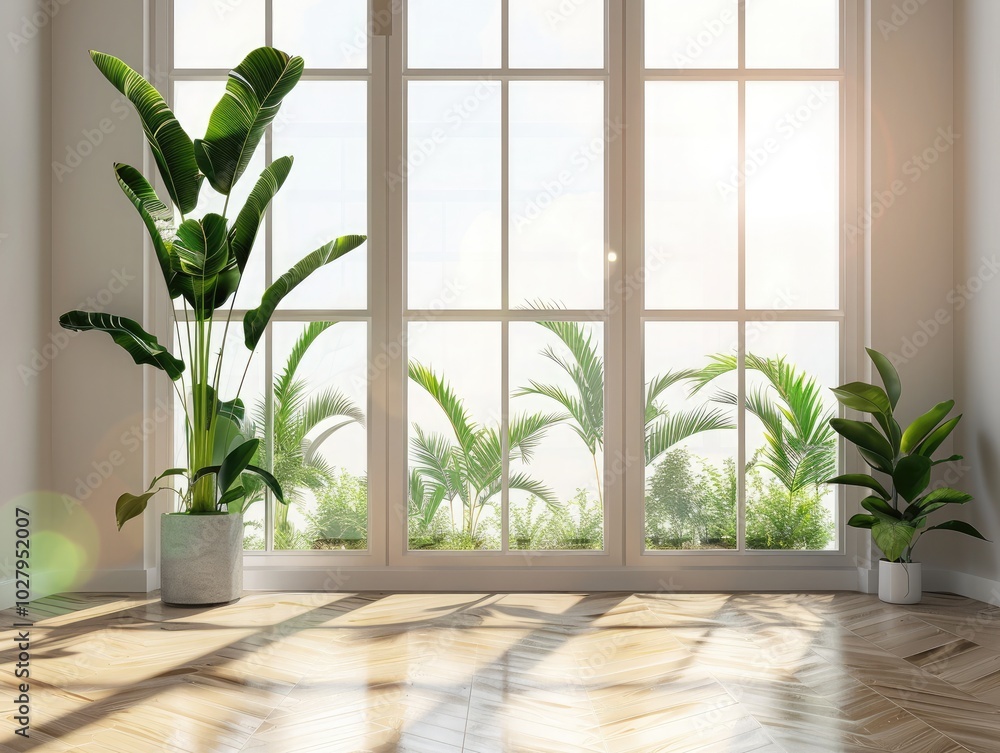 Bright and airy indoor space with large windows showcasing greenery and sunlit plants during the morning hours Bright and airy indoor space with large windows showcasing greenery and sunlit plants during the morning hours