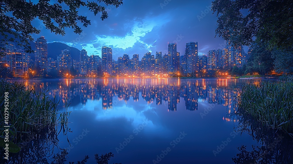 A stunning image of a city skyline reflected in a shimmering body of water at night, illuminated by dazzling lights A stunning image of a city skyline reflected in a shimmering body of water at night, illuminated by dazzling lights
