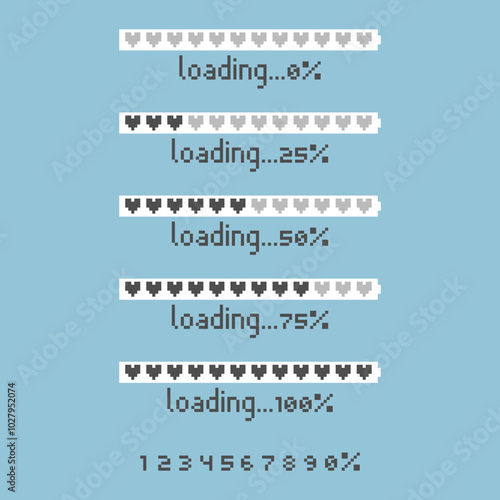 collection set of retro game 8bit pixel art loading process progress counter bar computer battery, banner, flat design vector illustration