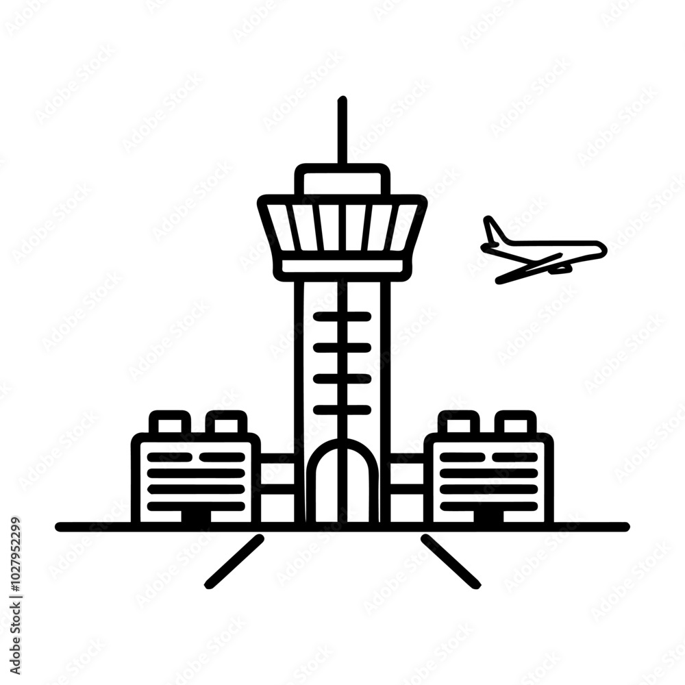 airport icon or modern line symbol. Vector line art and icon design with bold outline. Black and white Pixel Perfect minimalistic symbol isolated white background. Silhouette simple thin sign airport icon or modern line symbol. Vector line art and icon design with bold outline. Black and white Pixel Perfect minimalistic symbol isolated white background. Silhouette simple thin sign