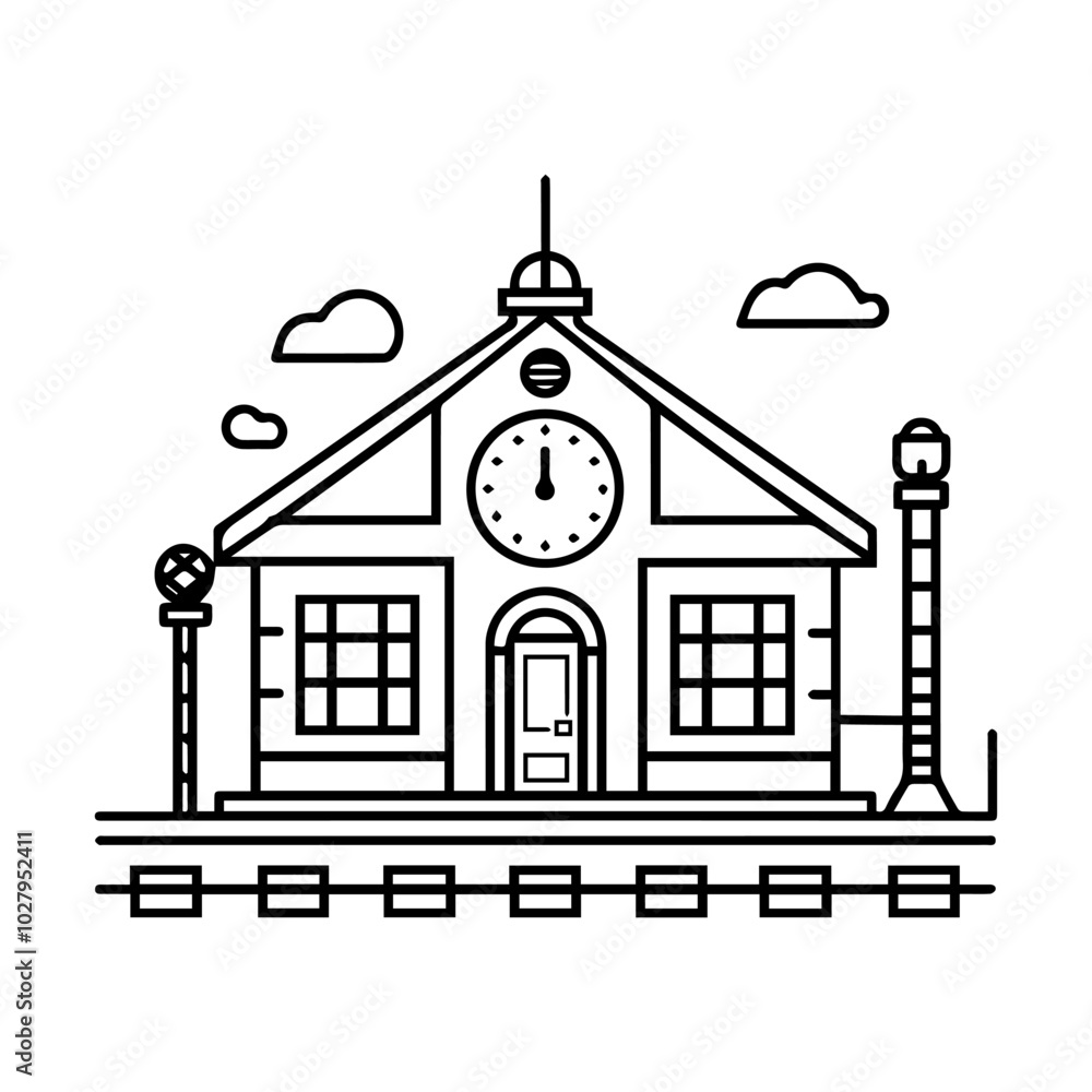 railway station icon or modern line symbol. Vector line art and icon design with bold outline. Black and white Pixel Perfect minimalistic symbol isolated white background. Silhouette simple thin sign railway station icon or modern line symbol. Vector line art and icon design with bold outline. Black and white Pixel Perfect minimalistic symbol isolated white background. Silhouette simple thin sign