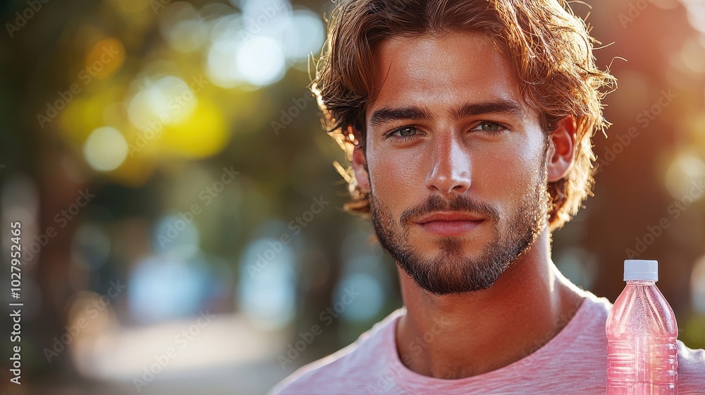 Young man enjoying a warm day outdoors holding a bottle of water while looking confidently at the camera in a sunny park setting Young man enjoying a warm day outdoors holding a bottle of water while looking confidently at the camera in a sunny park setting