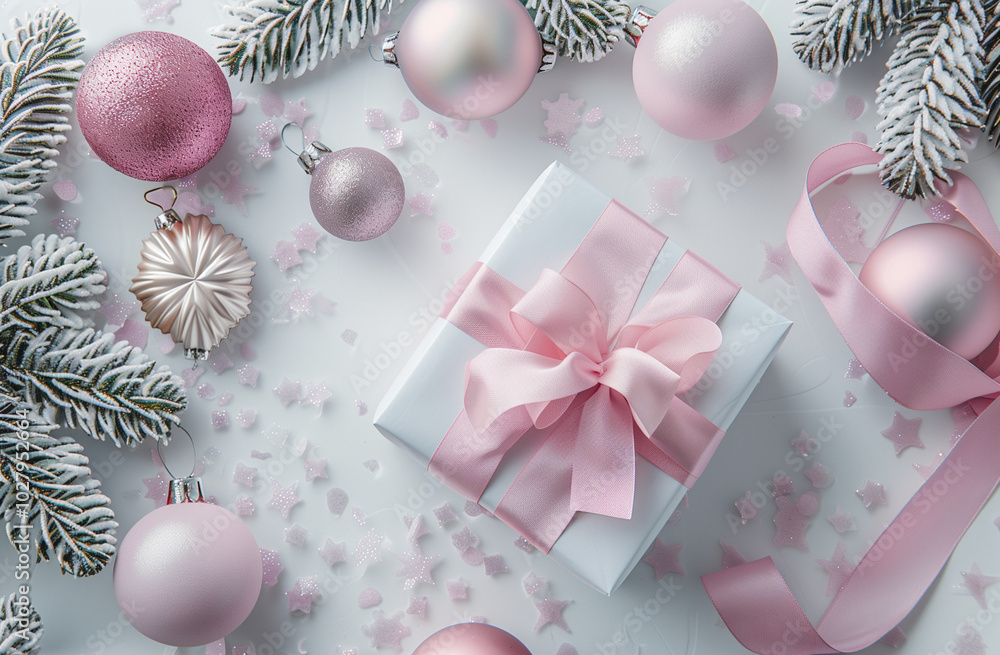 Elegant Pink and White Gift Box with Christmas Decorations Elegant Pink and White Gift Box with Christmas Decorations