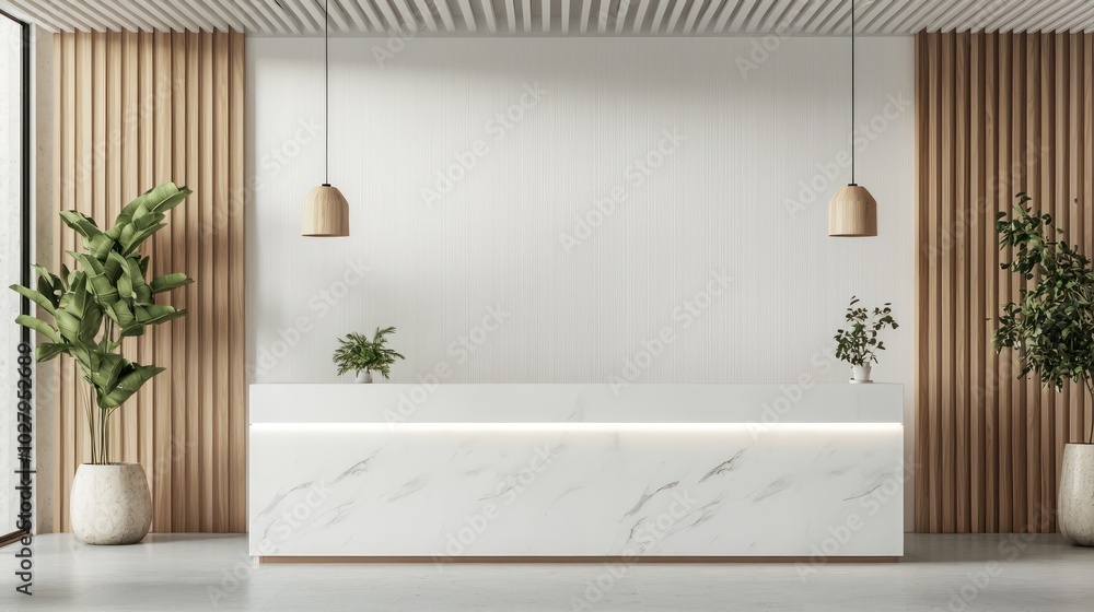 Detailed composition of a modern reception area with a white mockup wall, white marble counter, and wooden accents Detailed composition of a modern reception area with a white mockup wall, white marble counter, and wooden accents