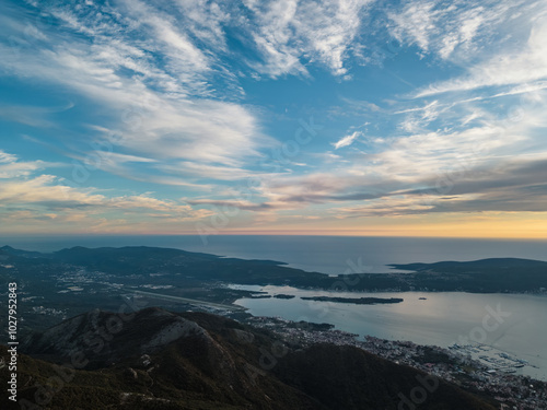 Bird's eye view of the Bay of Boko Kotor towards the Lustica Peninsula, Flower Island and St. Mark's Island. photo