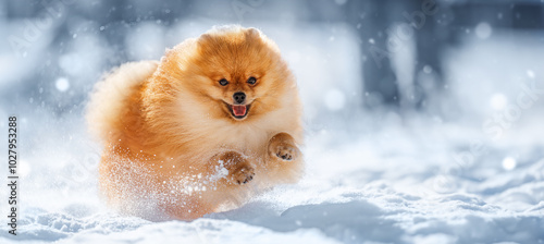 Cute pomeranian spitz dog running on the snow.