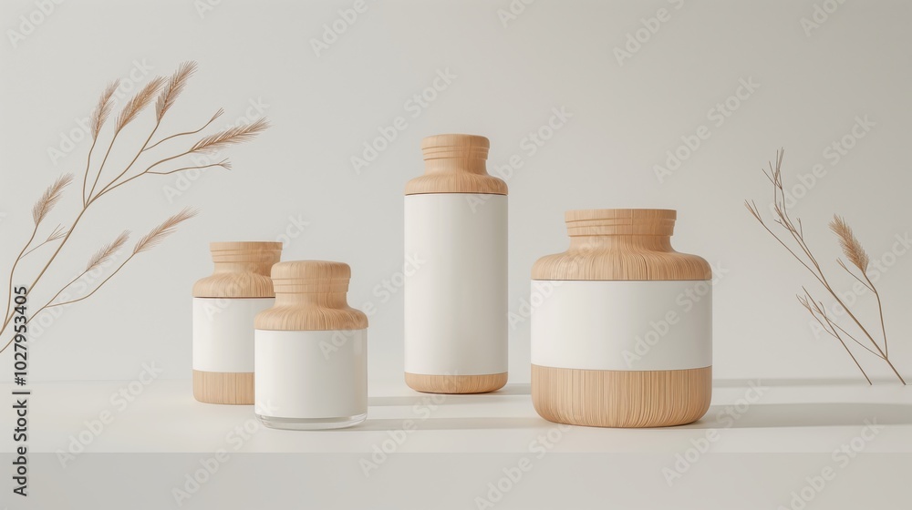 Minimalist wooden and glass jar set with neutral tones on white background Minimalist wooden and glass jar set with neutral tones on white background