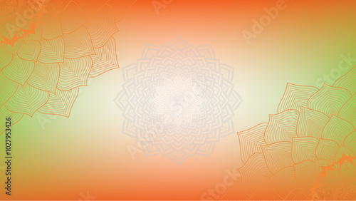 Round mandala on dreamy peach fuzz gradient background. Translucent mesh pattern in the form of a mandala. Mandala with floral patterns. Pastel Yoga template. Gradient background with round mandala.