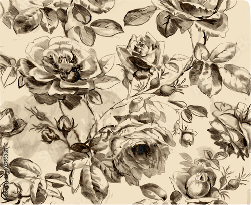  vintage floral pattern with roses drawn in black ink on a cream background. romantic and delicate design.