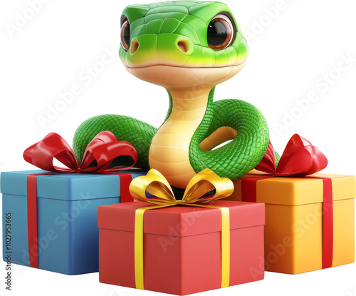 Snake 3D icon, Cartoon cute snake symbol of new year with Christmas gifts, Green 3D Snake clipping path on a transparent background. Generative AI photo