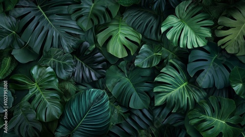 Natural green leaves with dark hues create a lush backdrop for various applications, including nature-inspired wallpapers and tropical-themed covers.