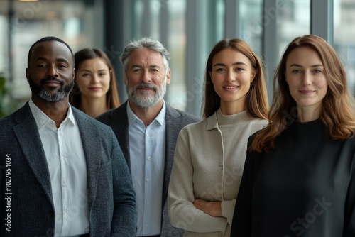 Diverse professionals in business attire standing together in a modern office, showcasing teamwork and collaboration