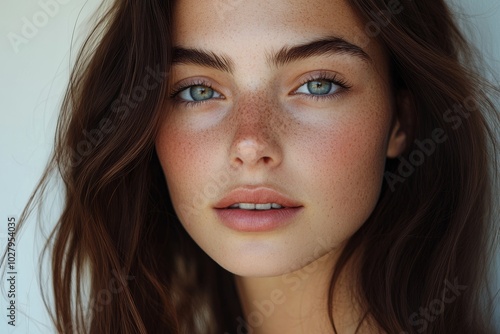 Close-up portrait of a woman with healthy skin and blue eyes