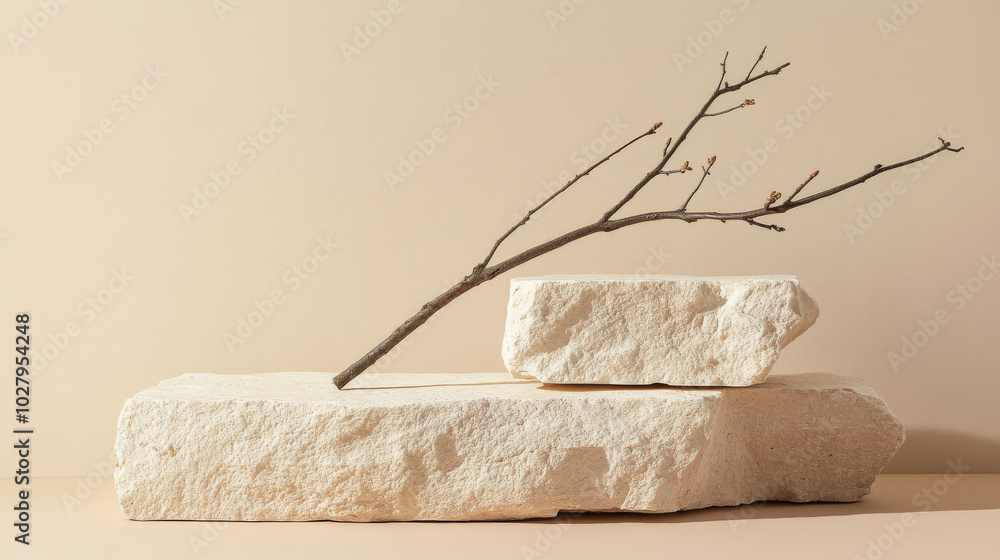 Two stone platforms, one with a branch, stand on a beige backdrop. Perfect for showcasing products or creating a natural, elegant display. Two stone platforms, one with a branch, stand on a beige backdrop. Perfect for showcasing products or creating a natural, elegant display.
