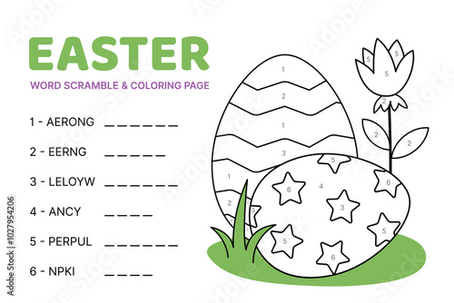Word scramble and cloring page with Easter eggs in grass. Cartoon, vector.