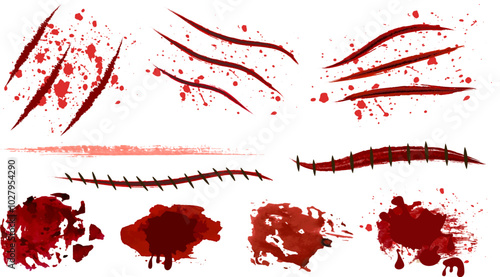 Pack of 10 wound graphics, including animal scratches, stitched wounds, cuts, gunshot wounds, and blood spatter.