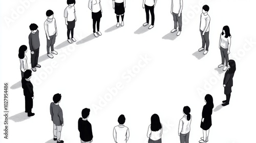 A group of people arranged in a circle, facing inward, symbolizing unity or connection. The monochrome style adds an artistic, minimalist touch to the composition.