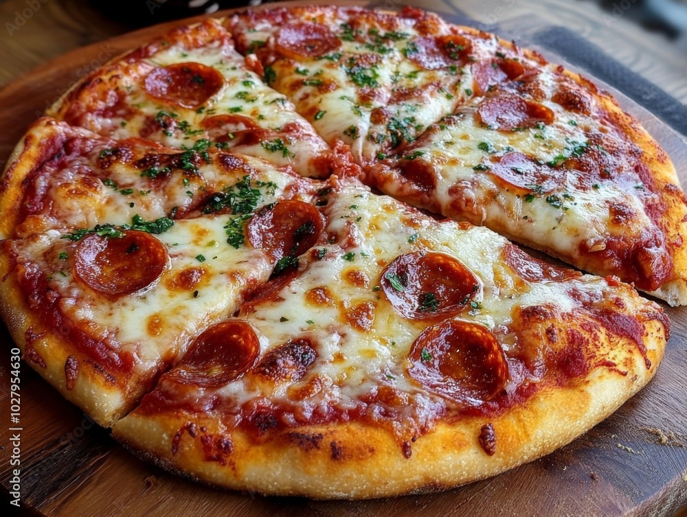 A tempting pepperoni pizza topped with melted cheese and herbs, displayed on a wooden board, showcasing a delicious golden crust and hearty tomato base. A tempting pepperoni pizza topped with melted cheese and herbs, displayed on a wooden board, showcasing a delicious golden crust and hearty tomato base.