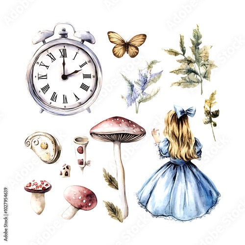 Magical Alice in Wonderland watercolor illustrations featuring whimsical details