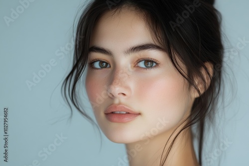 Close-up portrait of a young woman with natural makeup and serene expression