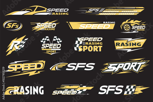 Sport car stickers mega set elements in flat graphic design. Collection objects of different types racing labels, automobile decoration templates with text and checker pattern. Vector illustration.