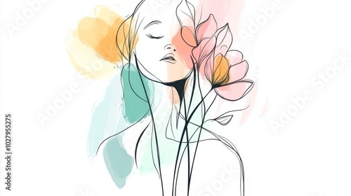 A minimalist line art of a woman's face intertwined with abstract floral accents in pastel colors, capturing beauty and serenity in a compelling blend of art forms.