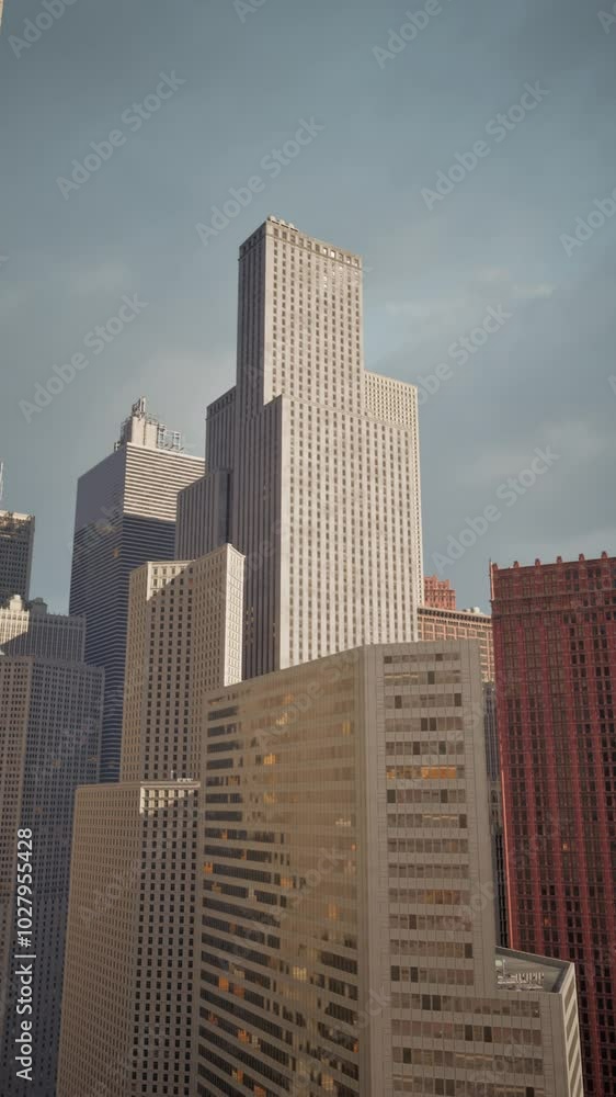 A scene showing a cluster of very tall skyscrapers in a bustling city environment. A scene showing a cluster of very tall skyscrapers in a bustling city environment.