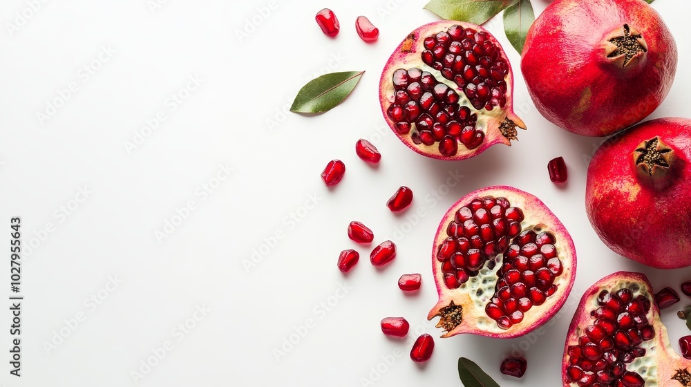 Ripe pomegranate fruits and sliced pomegranates isolated on white backdrop. Ripe pomegranate fruits and sliced pomegranates isolated on white backdrop.