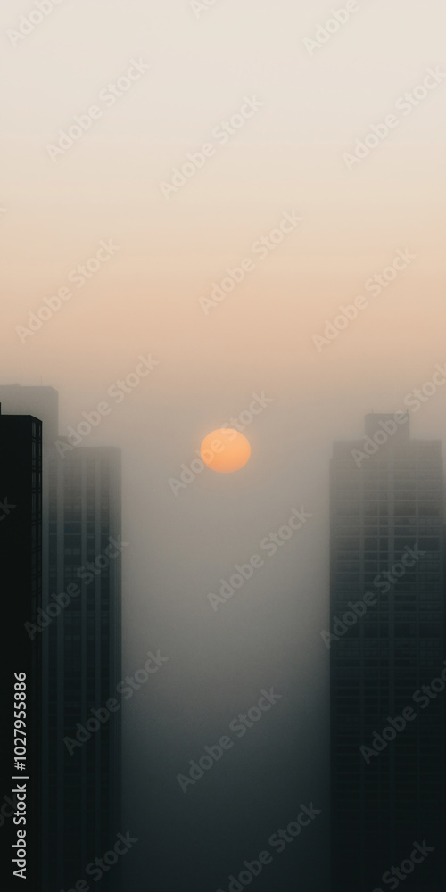 Silhouettes of skyscrapers in fog at sunset, featuring a gradient of gray tones, creating a dramatic and atmospheric urban landscape perfect for mobile phone wallpapers Silhouettes of skyscrapers in fog at sunset, featuring a gradient of gray tones, creating a dramatic and atmospheric urban landscape perfect for mobile phone wallpapers