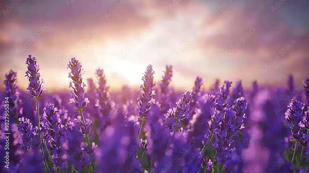 A field full of purple flowers, bathed in sunlight filtering through the clouds overhead A field full of purple flowers, bathed in sunlight filtering through the clouds overhead
