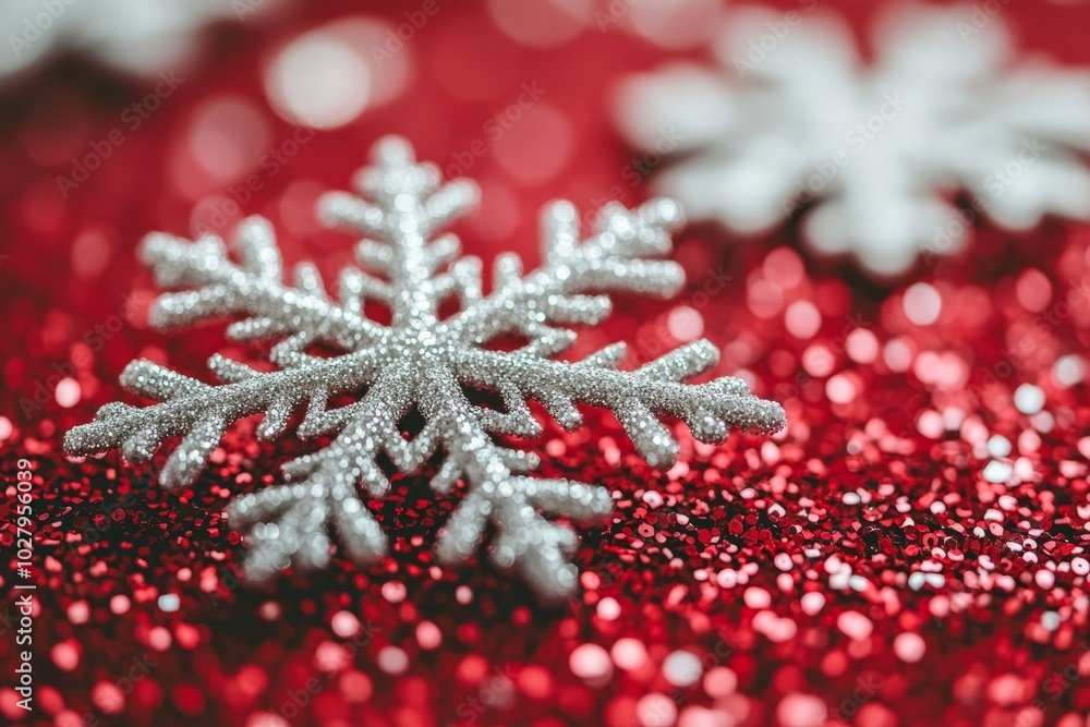 Festive christmas background featuring white snowflakes on rich red satin fabric Festive christmas background featuring white snowflakes on rich red satin fabric