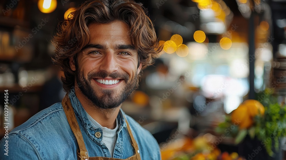 A smiling man in a denim jacket and apron stands in a vibrant market filled with fresh produce and warm ambient light A smiling man in a denim jacket and apron stands in a vibrant market filled with fresh produce and warm ambient light