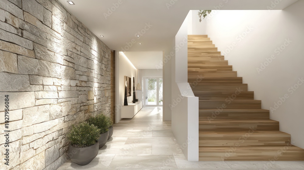 Fototapeta premium Entrance hall with a modern wooden staircase, white walls, and a natural stone wall on the left, in high-definition