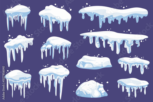 Winter snowcap mega set elements in flat graphic design. Collection objects of snow caps with frozen icicles, white and blue snowy borders at house roof and seasonal decoration. Vector illustration.