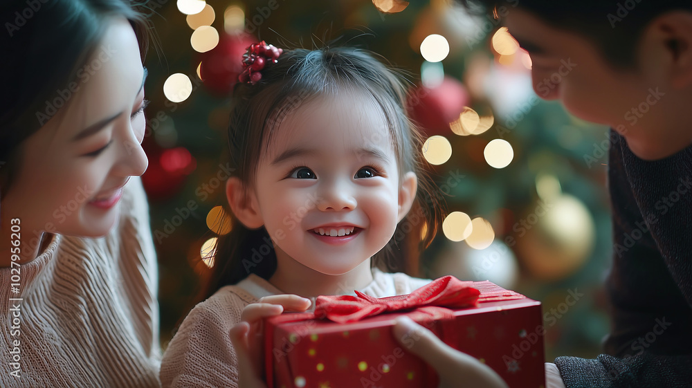 A joyful little Asian girl receiving a gift from her parents, surrounded by festive lights and decorations. The scene captures the warmth and happiness of family moments during the holiday season.