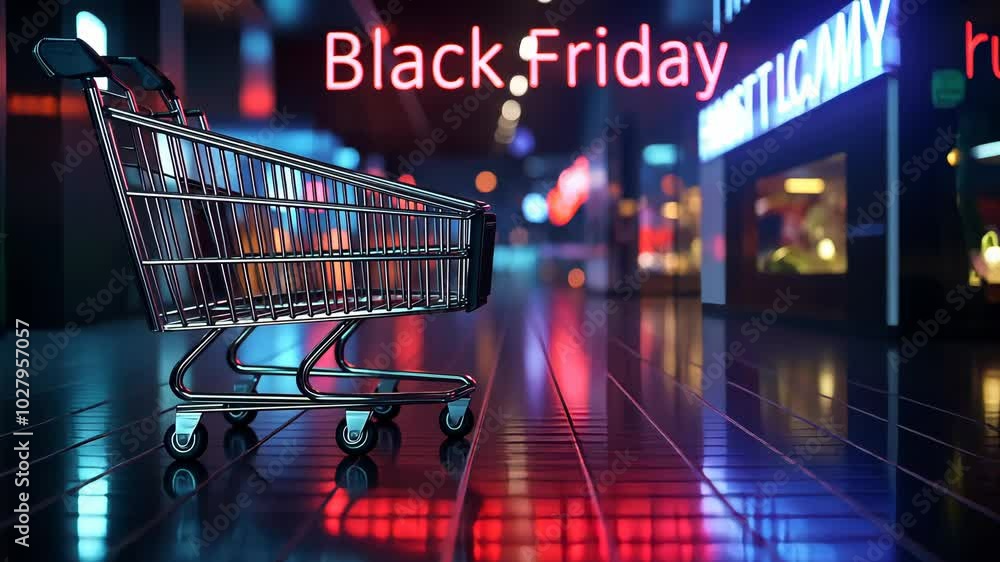 Empty shopping cart with Black Friday sign illuminated by neon lights in an urban scene Empty shopping cart with Black Friday sign illuminated by neon lights in an urban scene