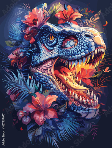 Dinosaur skull with tropical flowers and leaves on dark background. Vector illustration.