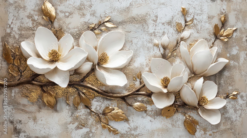 White and gold 3D flowers on a branch against a textured background. White and gold 3D flowers on a branch against a textured background.