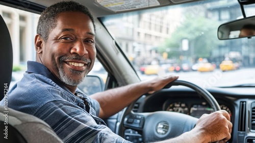  taxi driver sitting behind the wheel of a car, with a friendly smile