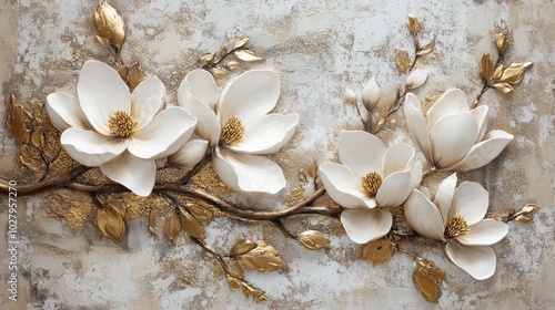 Fototapeta Naklejka Na Ścianę i Meble -  White and gold 3D flowers on a branch against a textured background.
