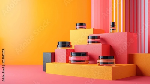 Minimalist cosmetic product display featuring various makeup and perfume bottles arranged on geometric platforms in a vibrant color palette of orange pink and yellow  Elegant modern photo