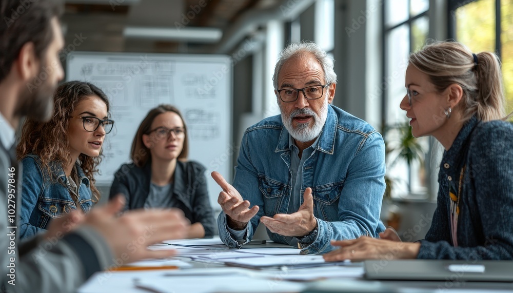 Business professionals engaged in a collaborative meeting at modern office with diverse team discussing ideas. Business professionals engaged in a collaborative meeting at modern office with diverse team discussing ideas.