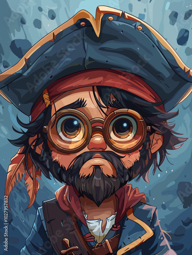 Portrait of a pirate in a hat and glasses. Vector illustration.