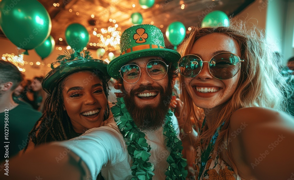 Joyful friends celebrating St. Patrick's Day with festive costumes and decorations, capturing a lively party atmosphere. Joyful friends celebrating St. Patrick's Day with festive costumes and decorations, capturing a lively party atmosphere.