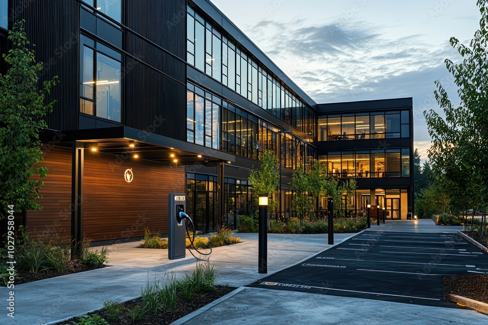 Evening view of a modern office building with dark wood, black metal panels, and an electric charging station, presented in a ratio Evening view of a modern office building with dark wood, black metal panels, and an electric charging station, presented in a ratio