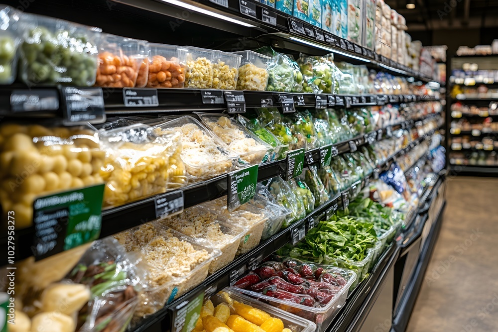 Fototapeta premium A well-organized frozen foods section with a variety of frozen fruits, vegetables, and ready-to-eat meals