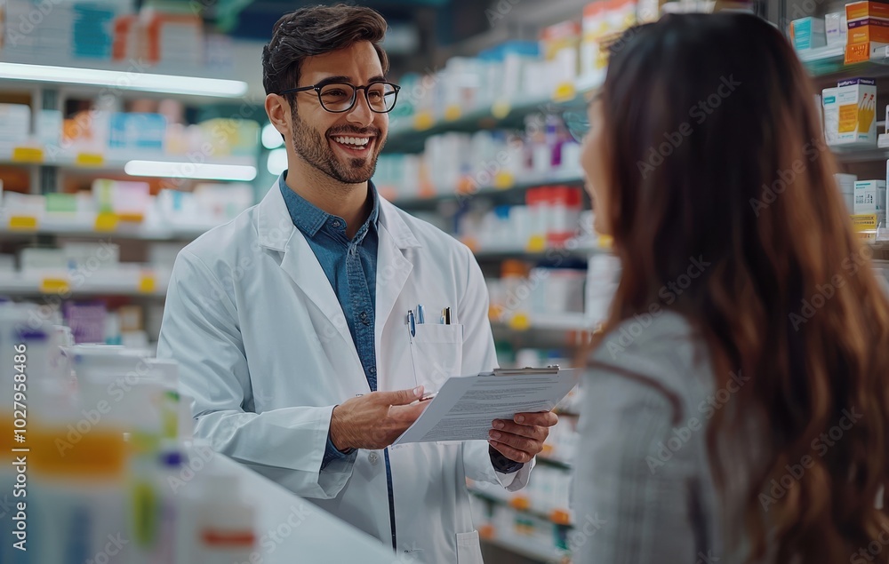 Friendly male pharmacist in a white lab coat assisting a customer in a modern pharmacy setting with a warm smile Friendly male pharmacist in a white lab coat assisting a customer in a modern pharmacy setting with a warm smile