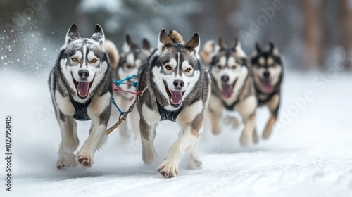 dog sled team racing through a snowy forest, with determined huskies pulling the sled in unison